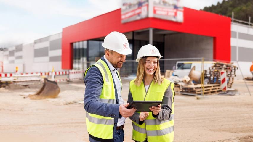 Zwei Mitarbeiter stehen vor dem Bau eines Kaufland-Marktes und halten ein Tablet in den Händen.