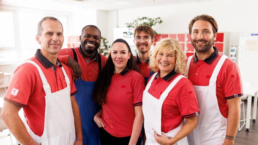 Gruppe Mitarbeiter aus dem Kaufland-Fleischwerk posieren gut gelaunt zum Gruppenfoto im Pausenraum.