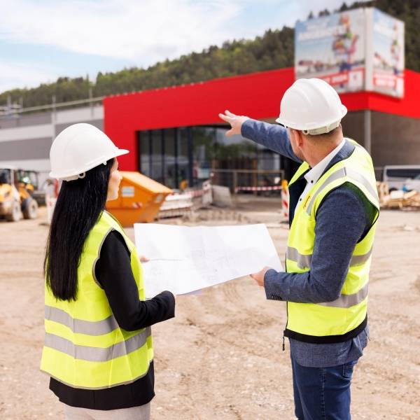 Zwei Mitarbeiter stehen vor dem Bau eines Kaufland-Marktes und sprechen über einen Bauplan, den sie in den Händen halten. Der Mitarbeiter rechts zeigt auf den Bau.