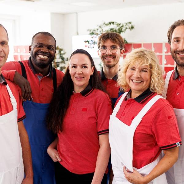Gruppe Mitarbeiter aus dem Kaufland-Fleischwerk posieren gut gelaunt zum Gruppenfoto im Pausenraum.